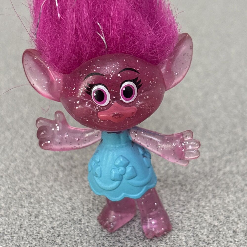 Dreamworks Trolls Poppy Clear Pink Glitter 2" Figure Hasbro, Pink Glitter Hair